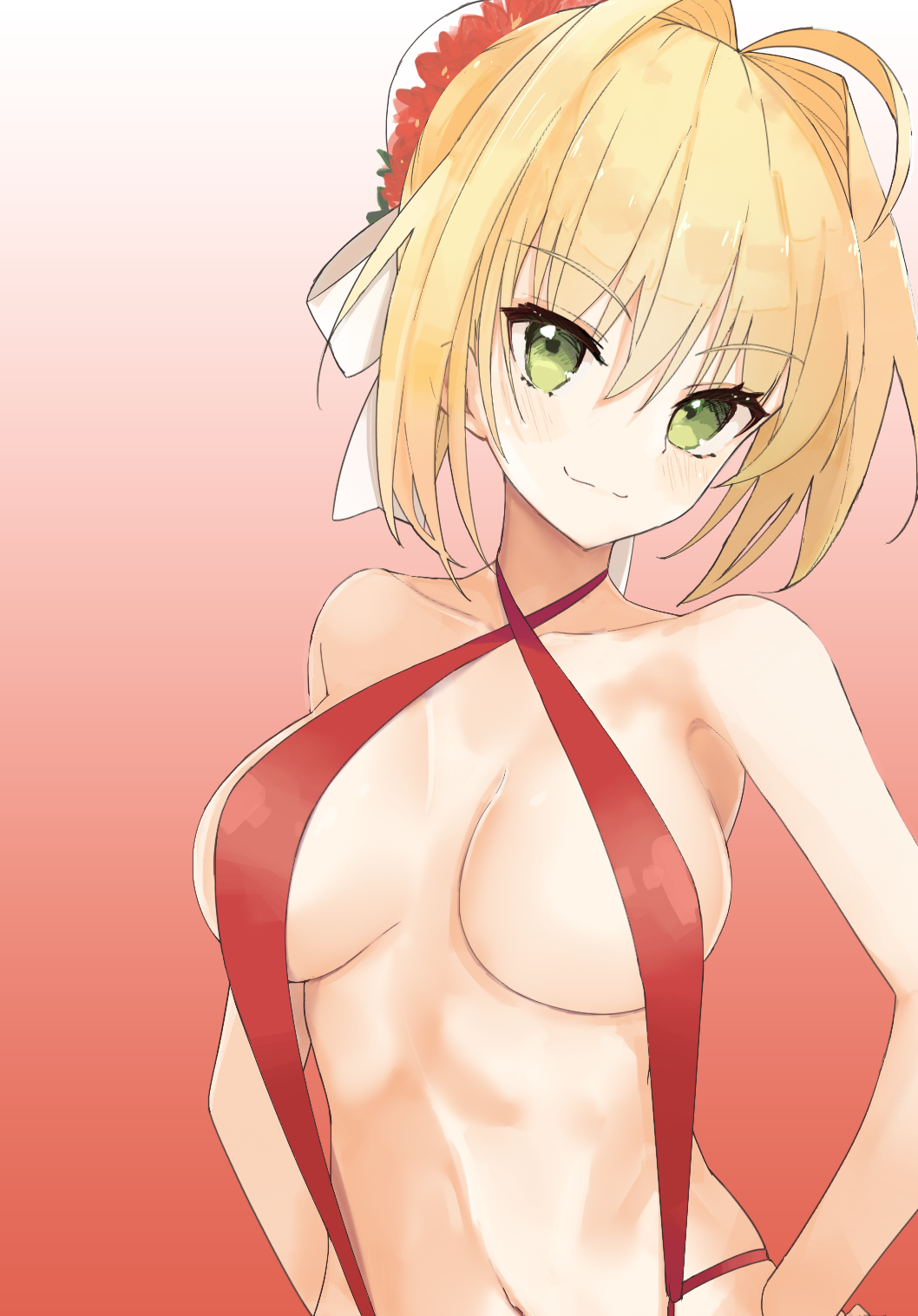 1girl, ahoge, bare_shoulders, blonde_hair, blush, breasts, cleavage, fate/extra, fate_(series), green_eyes, hair_bun, hair_intakes, hair_ribbon, highres, large_breasts, looking_at_viewer, medium_hair, navel, nero_claudius_(fate), nero_claudius_(fate/extra), one-piece_swimsuit, red_one-piece_swimsuit, ribbon, satsuki_tooka, slingshot_swimsuit, smile, solo, swimsuit, white_ribbon