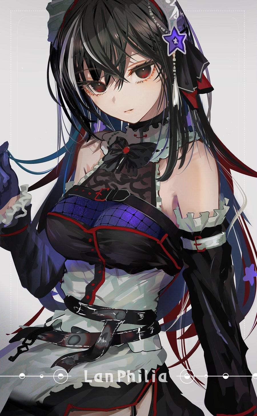 1girl, aegis-link, apron, black_bow, black_bowtie, black_dress, black_eyes, black_gloves