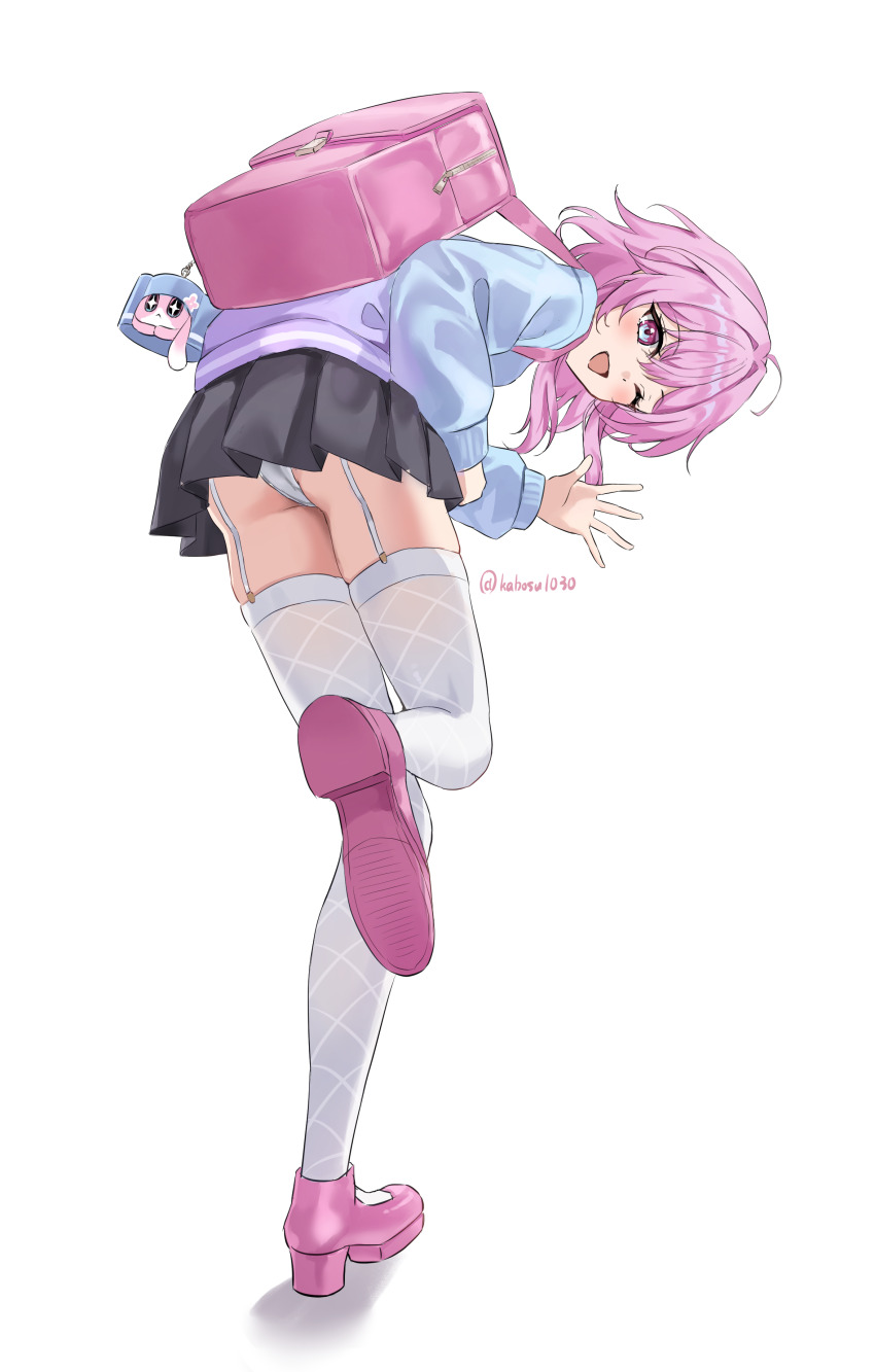 1girl, absurdres, backpack, bag, from_behind, full_body, garter_straps, highres, honkai:_star_rail, honkai_(series), k2_(kazu1030), looking_at_viewer, looking_back, march_7th_(honkai:_star_rail), march_7th_(ice_cake)_(honkai:_star_rail), medium_hair, open_mouth, panties, pink_bag, pink_hair, pink_shoes, school_uniform, shoes, simple_background, smile, solo, thighhighs, underwear, white_background, white_panties, white_thighhighs