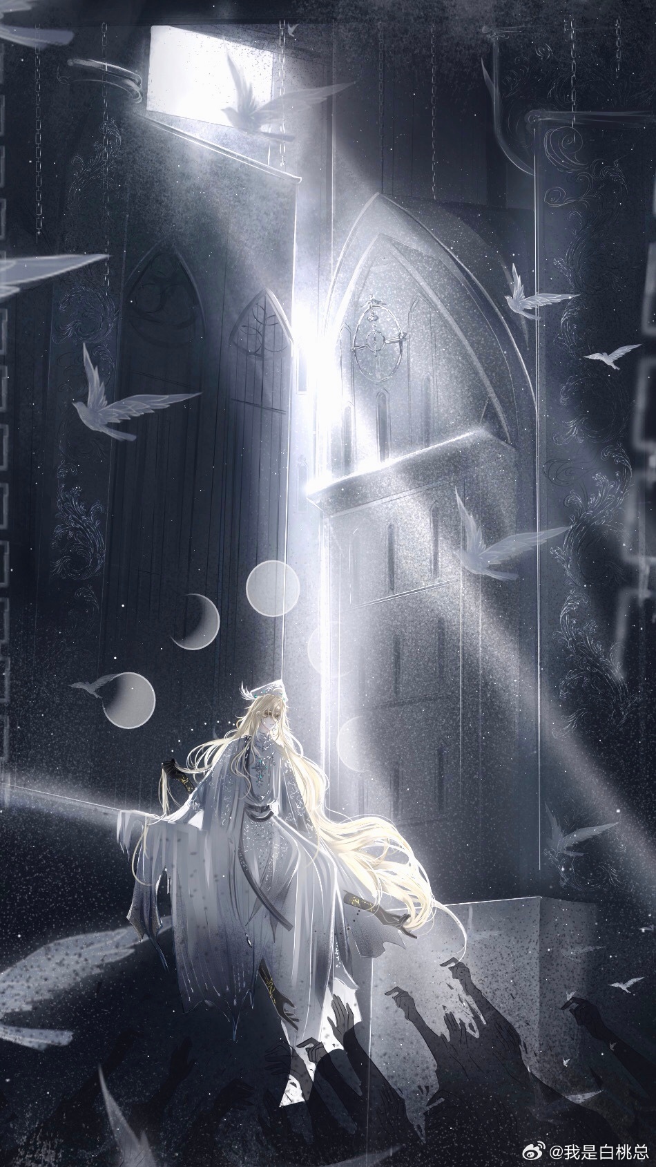 1boy, alkaid_mcgrath, alkaid_mcgrath_(god_forsaken_land), bird, blonde_hair, cape, church, colored_extremities