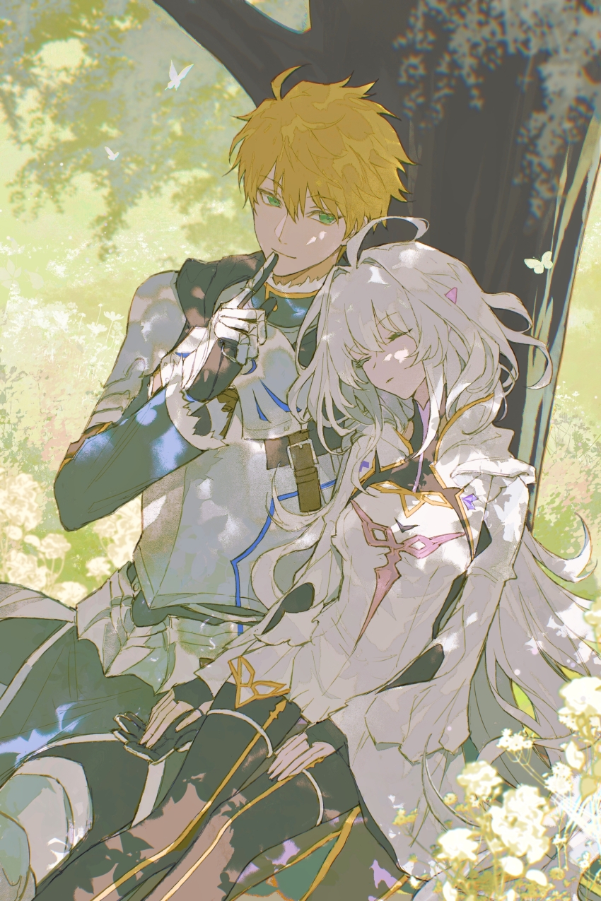 1boy, 1girl, absurdres, against_tree, ahoge, armor, arthur_pendragon_(fate), blonde_hair