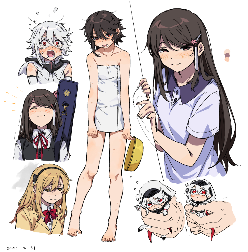 3girls, :3, absurdres, bare_shoulders, barefoot, blonde_hair, blush, bow, bowtie, brown_hair, brown_jacket, chibi, hair_ornament, hairclip, happy, highres, holding_chibi, hooded_leotard, jacket, koishikawa_iko, leotard, long_hair, mole, mole_under_eye, momijiyama_teru, multiple_girls, naked_towel, open_mouth, red_bow, red_bowtie, red_eyes, scared, shirt, short_sleeves, shy_(character), shy_(series), smile, takatisakana, tennouji_ai_(shy), towel, white_hair, white_leotard, white_shirt