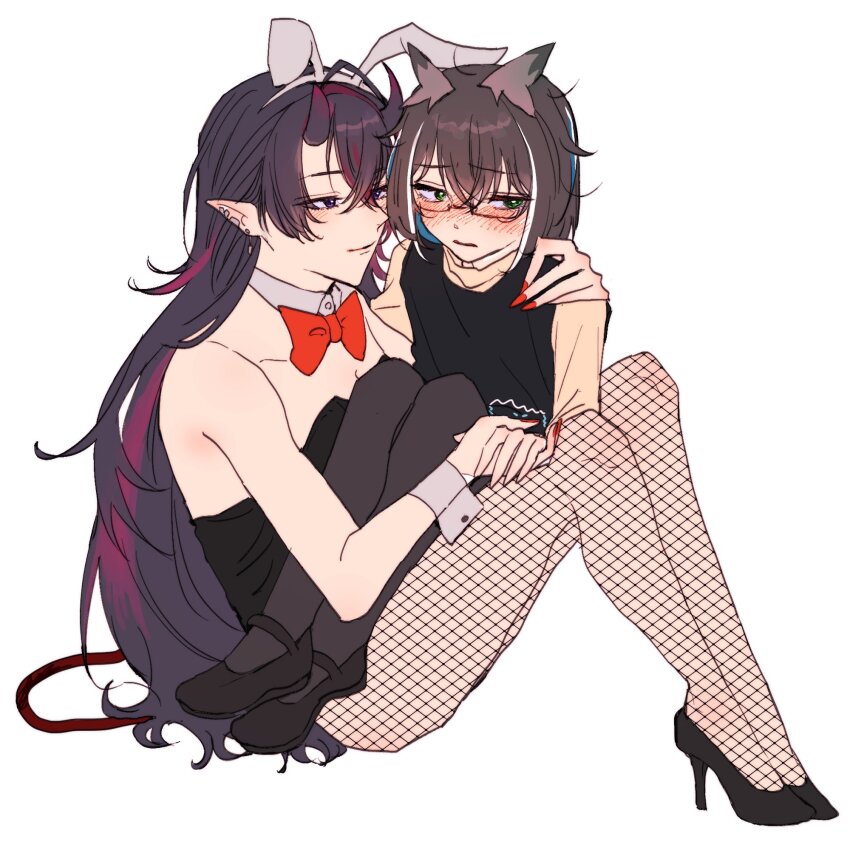 2girls, alternate_costume, amaotome, animal_ears, black_footwear, black_hair, black_horns, black_leotard, black_pantyhose, blue_hair, blush, bow, bowtie, breasts, closed_mouth, collar, commentary_request, crossed_bangs, demon_girl, demon_horns, demon_tail, detached_collar, earclip, embarrassed, fake_animal_ears, fake_tail, fishnet_pantyhose, fishnets, full_body, glasses, gradient_horns, green_eyes, grey_collar, grey_wings, head_wings, high_heels, highres, holding_hands, horns, leotard, long_hair, looking_at_another, looking_to_the_side, medium_breasts, multicolored_hair, multicolored_horns, multiple_girls, nanashi_inc., nose_blush, oura_rukako, pantyhose, playboy_bunny, pointy_ears, purple_eyes, rabbit_ears, red_bow, red_bowtie, red_hair, red_horns, ryugasaki_rene, short_hair, simple_background, sitting, sitting_on_lap, sitting_on_person, smile, strapless, strapless_leotard, streaked_hair, tail, very_long_hair, virtual_youtuber, white_background, wings, wrist_cuffs, yuri