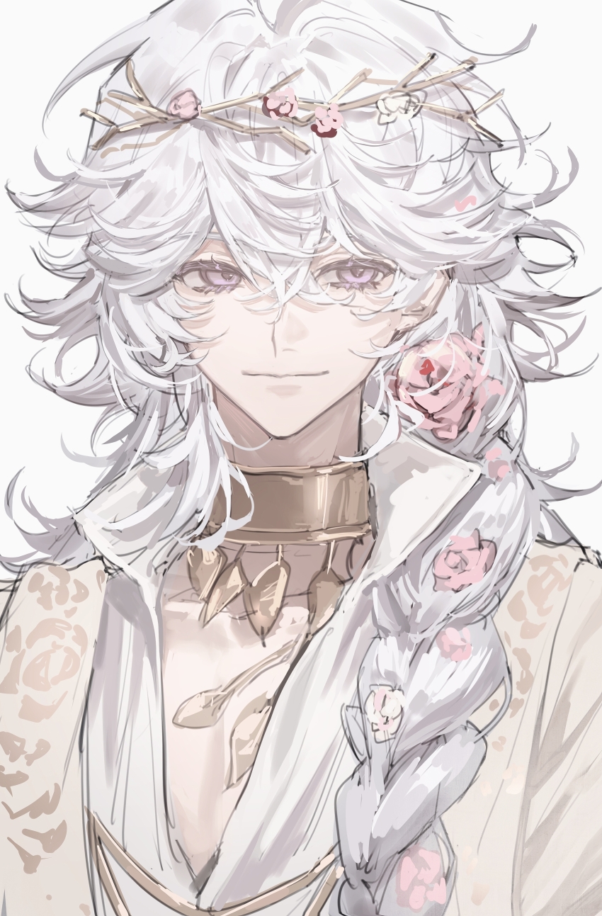1boy, absurdres, braid, collared_shirt, fate/grand_order, fate_(series), flower, hair_between_eyes, hair_flower, hair_ornament, hanli_(chenyu807), head_wreath, highres, jewelry, long_hair, looking_to_the_side, male_focus, merlin_(fate), merlin_(overnight_dream)_(fate), necklace, purple_eyes, shirt, simple_background, single_braid, sketch, smile, solo, upper_body, white_background, white_hair, white_shirt