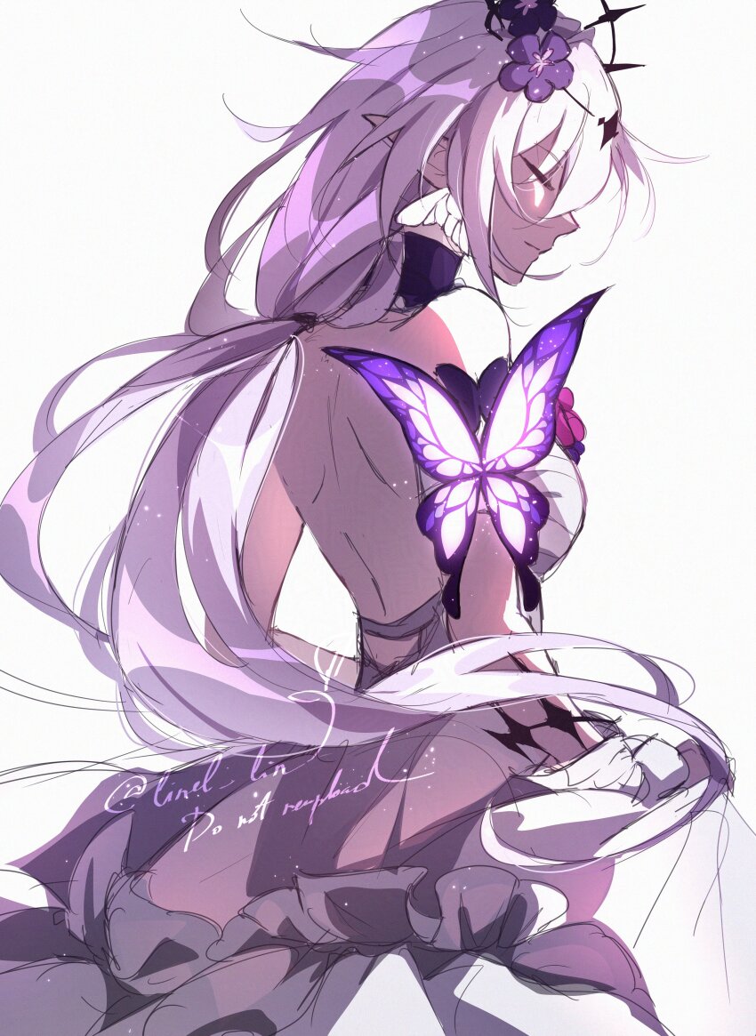 1girl, absurdres, backless_dress, backless_outfit, bare_back, bare_shoulders, butterfly_ornament, castorice_(honkai:_star_rail), closed_eyes, cowboy_shot, dress, highres, honkai:_star_rail, honkai_(series), linel_lin, pointy_ears, simple_background, solo, white_background