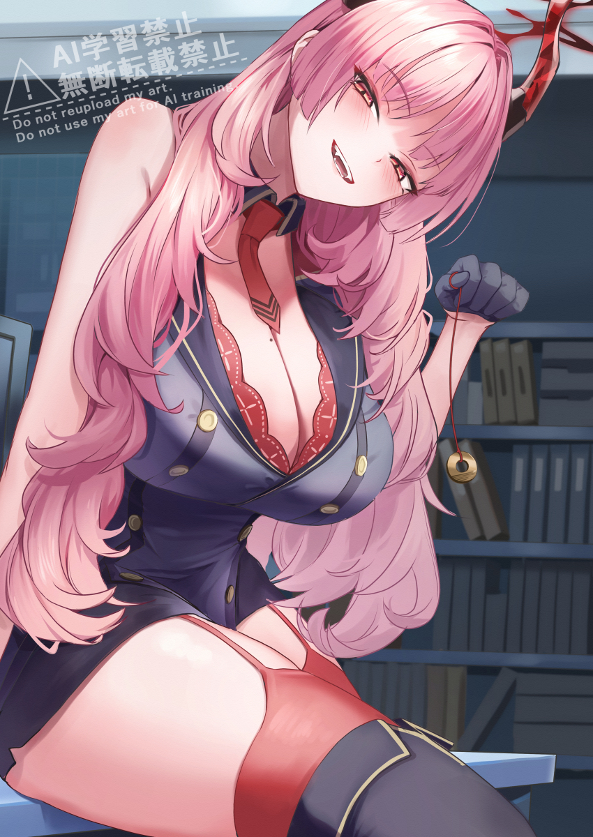 1girl, absurdres, black_boots, black_dress, black_gloves, blue_archive, blush, bookshelf