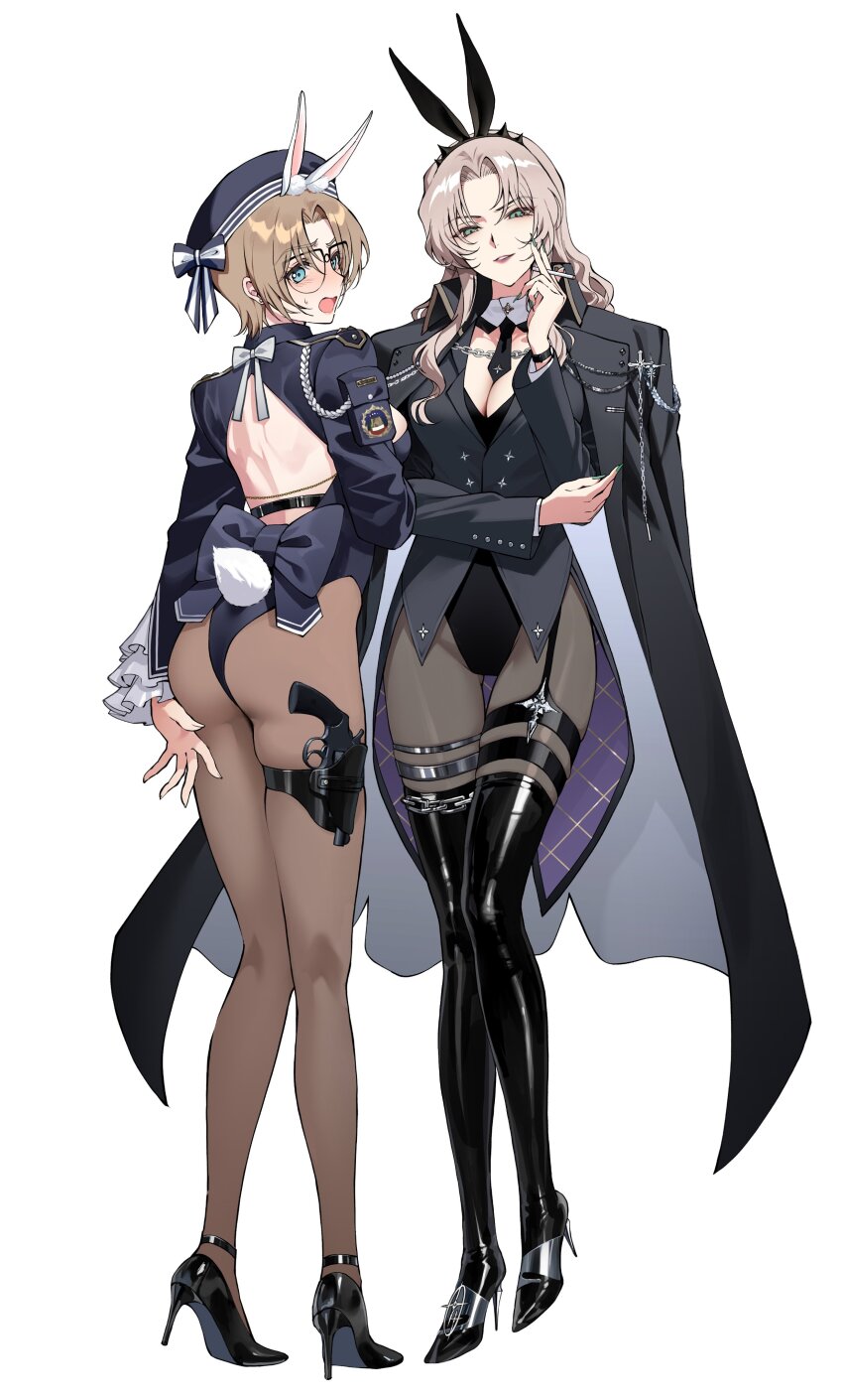 2girls, absurdres, animal_ears, aqua_eyes, ass, black_coat, black_footwear, black_hairband