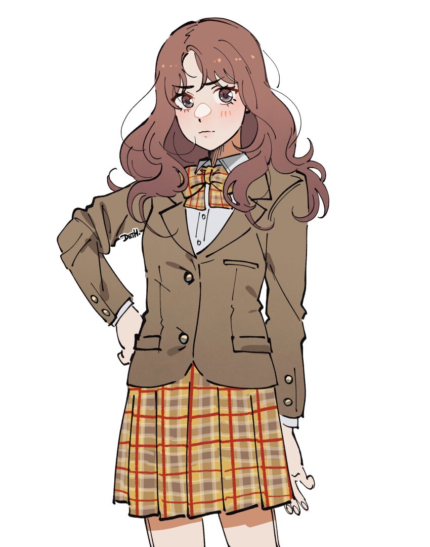 1girl, blazer, blue_reflection_(series), blue_reflection_tie, blush, bow, brown_eyes, brown_hair