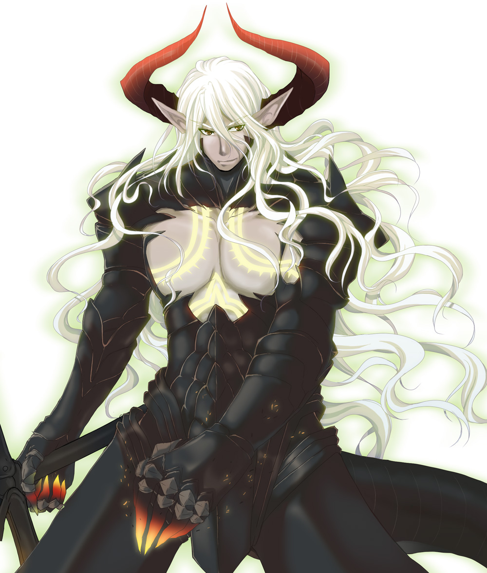 1boy, alfa_system, armor, asras, asura_(tales), bodysuit, facial_mark, gloves, horns, hozumi_(8/1), long_hair, male_focus, open_clothes, pointy_ears, simple_background, solo, sword, tales_of_(series), tales_of_innocence, trenety, weapon, white_background, white_hair, yellow_eyes