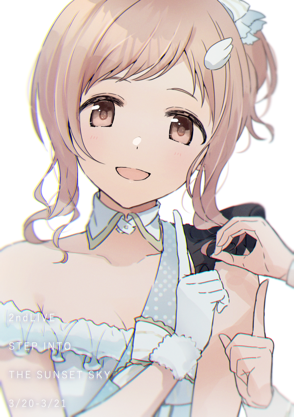 1girl, 2others, bare_shoulders, beyond_the_bluesky_(idolmaster), blue_ribbon, blurry, blush, bow