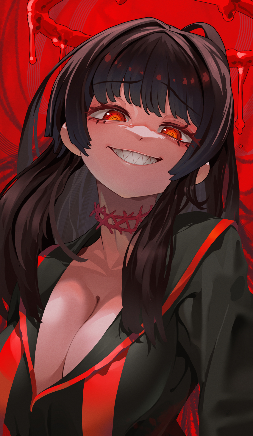 1girl, absurdres, bags_under_eyes, black_hair, black_sailor_collar, black_serafuku, blood, blood_halo, blue_archive, breasts, cleavage, grin, halo, highres, jeongdang_geolae, large_breasts, liquid_halo, long_hair, long_sleeves, looking_at_viewer, melting_halo, open_mouth, red_background, red_eyes, red_halo, sailor_collar, school_uniform, serafuku, sharp_teeth, simple_background, smile, solo, teeth, tsurugi_(blue_archive), upper_body