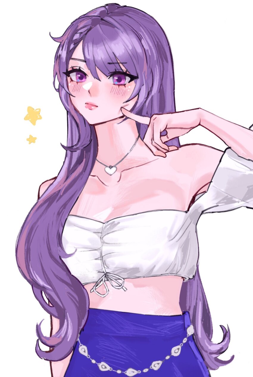 1girl, alternate_costume, bare_shoulders, belly_chain, blue_skirt, crop_top, genshin_impact, hair_down, heart, heart_necklace, highres, jewelry, keqing_(genshin_impact), long_hair, midriff, necklace, off-shoulder_shirt, off_shoulder, purple_eyes, purple_hair, shirt, simple_background, skirt, solo, sui_(suirenzn), upper_body, very_long_hair, white_background, white_shirt