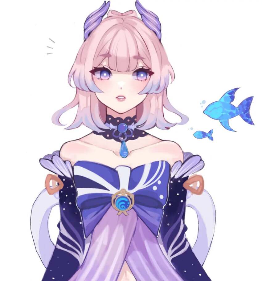 1girl, alternate_hair_length, alternate_hairstyle, bare_shoulders, blue_bow, blue_choker, blue_hair, bow