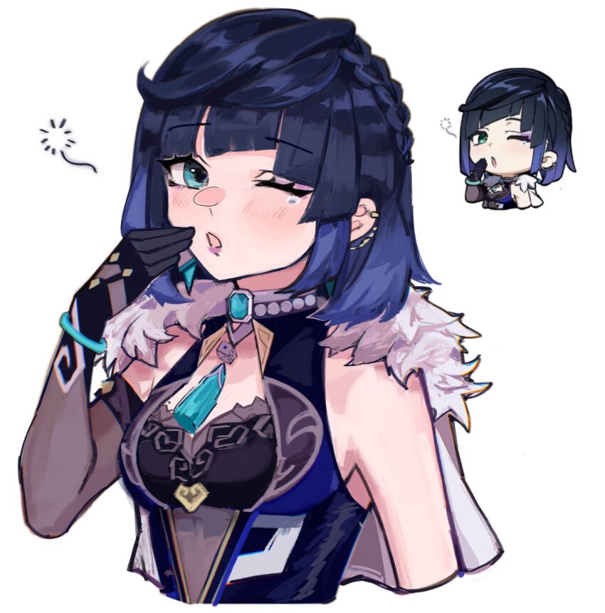 1girl, bare_shoulders, black_gloves, blue_eyes, blue_hair, blush, bracelet, breasts, chibi, elbow_gloves, genshin_impact, gloves, hand_up, highres, jewelry, looking_at_viewer, multiple_views, one_eye_closed, open_mouth, short_hair, simple_background, sleeveless, small_breasts, sui_(suirenzn), tears, upper_body, white_background, yelan_(genshin_impact)