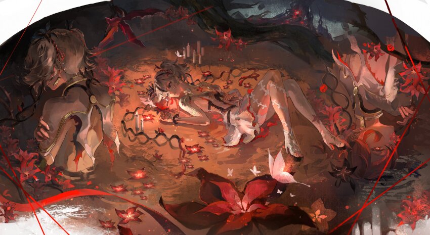 1girl, absurdres, asymmetrical_clothes, back, black_flower, blake_bloom_(wuthering_waves), breasts, camellia, camellya_(wuthering_waves), candle, collar, collarbone, commentary, different_reflection, dress, earrings, flower, flower_on_chest, gold_earrings, hair_flower, hair_ornament, hair_ribbon, hair_vines, hand_on_own_chest, hand_up, hashtag-only_commentary, high_heels, highres, jewelry, looking_at_reflection, multiple_views, neptune_hi, official_alternate_eye_color, official_alternate_hair_color, pants, parted_lips, red_eyes, red_flower, red_hair, red_ribbon, reflection, reflective_liquid, ribbon, sideless_dress, single_pantsleg, small_breasts, toes, white_collar, white_dress, white_hair, white_pants, wuthering_waves