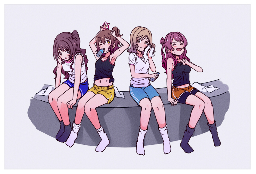 4girls, adjusting_hair, bike_shorts, bike_shorts_under_shorts, black_socks, black_tank_top, blue_shorts, blush, bottle, breasts, brown_eyes, brown_hair, brown_shorts, closed_eyes, gakuen_idolmaster, grey_background, hanami_saki, holding, holding_bottle, holding_towel, idolmaster, idolmaster_cinderella_girls, idolmaster_million_live!, idolmaster_shiny_colors, kasuga_mirai, kelvin1996c, long_hair, looking_at_another, medium_breasts, medium_hair, midriff, multiple_girls, navel, one_eye_closed, open_mouth, sakuragi_mano, shimamura_uzuki, shirt, shorts, side_ponytail, sidelocks, sitting, sleeves_rolled_up, smile, socks, sweat, tank_top, tied_shirt, towel, tying_hair, v-shaped_eyebrows, water_bottle, white_shirt, white_socks, yellow_shorts