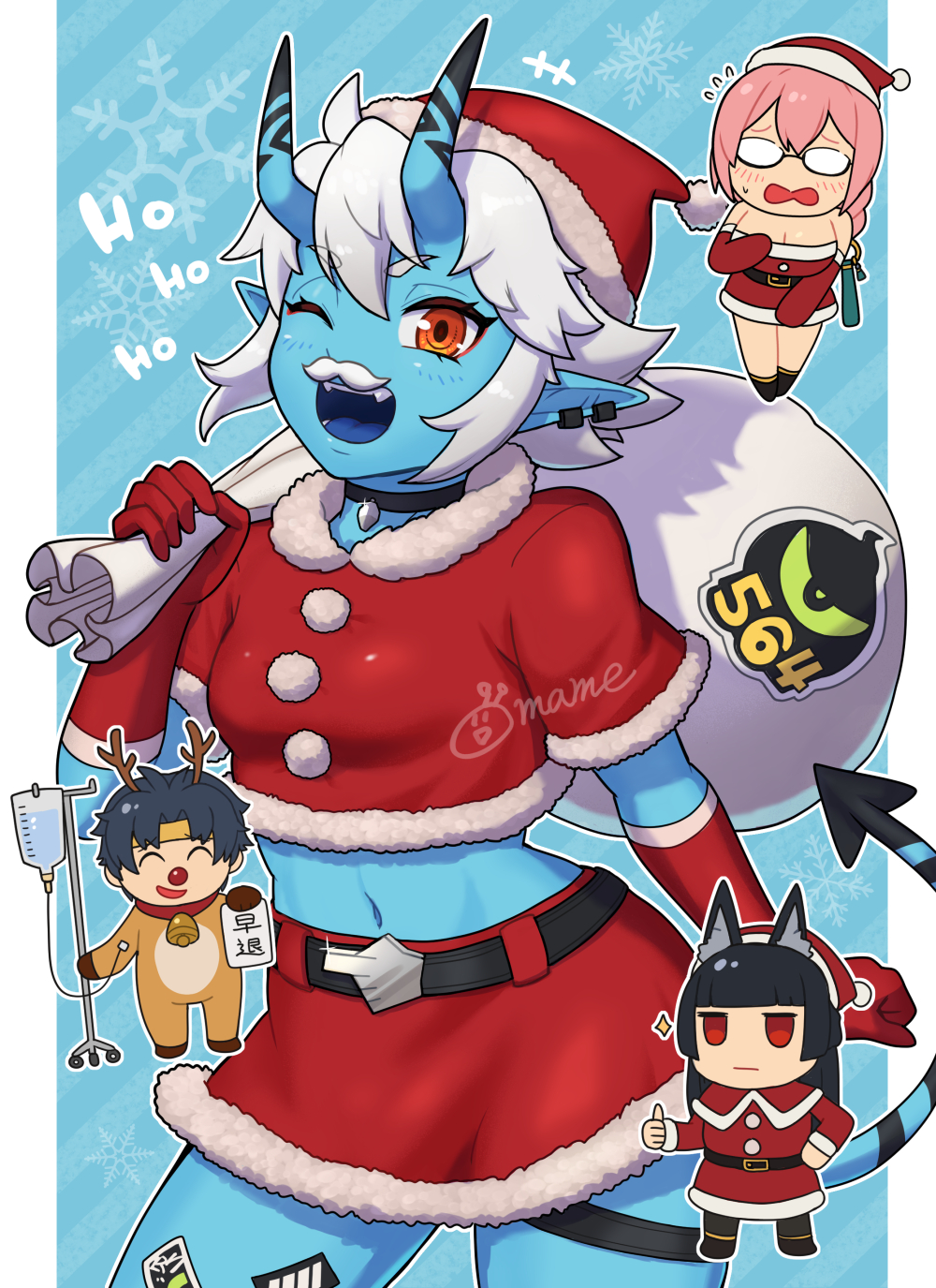 1boy, 3girls, animal_ears, asaba_harumasa, black_choker, black_hair, blue_skin, blunt_bangs