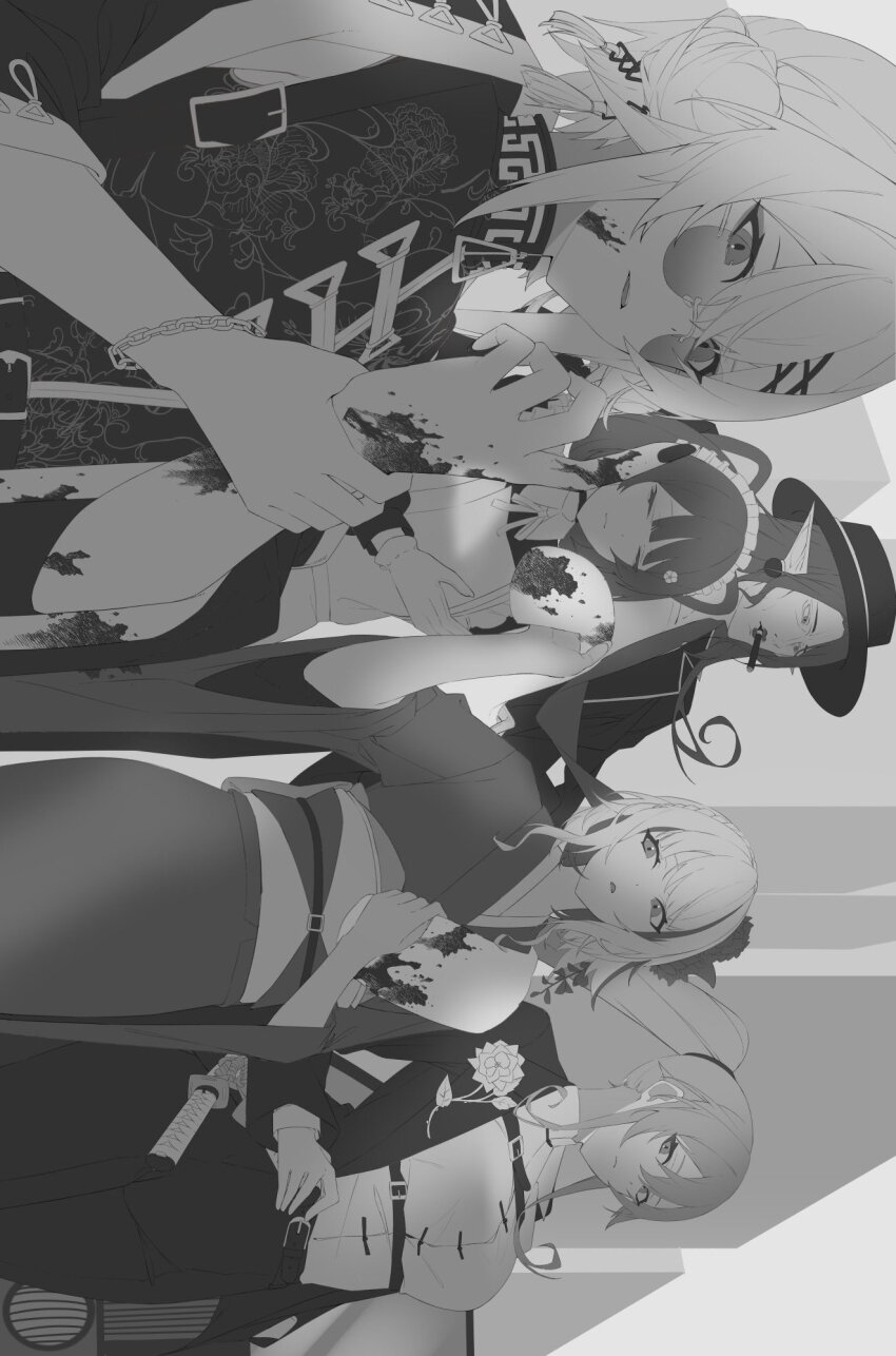 1boy, 4girls, alternate_costume, ange_katrina, ange_katrina_(china_dress), animal_ears, apron, belt