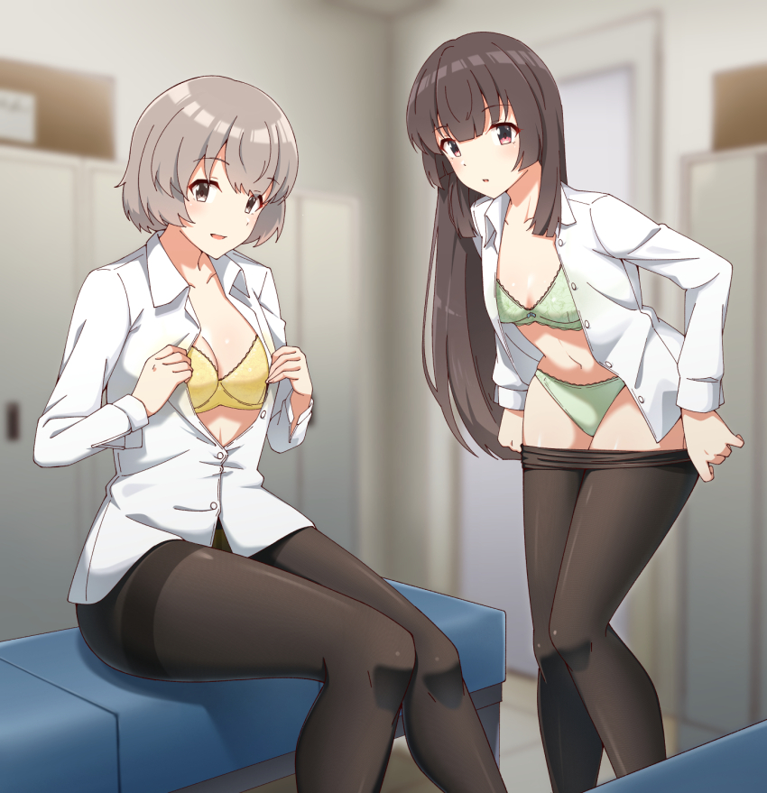 2girls, black_pantyhose, blunt_bangs, blurry, blurry_background, bra, breasts, brown_eyes, brown_hair, cleavage, collarbone, collared_shirt, commentary_request, commission, green_bra, green_panties, grey_hair, highres, hime_cut, indoors, iwakura_sanae, juujou_hiyori, long_hair, long_sleeves, looking_at_viewer, medium_breasts, motsutoko, multiple_girls, navel, open_clothes, open_mouth, open_shirt, panties, pantyhose, parted_lips, shirt, short_hair, sitting, skeb_commission, small_breasts, standing, stomach, toji_no_miko, underwear, undressing, white_shirt, yellow_bra