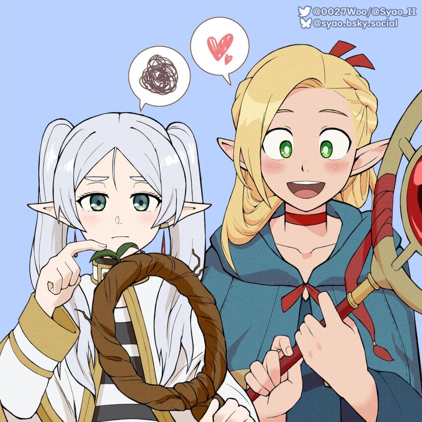 2girls, blonde_hair, blue_background, bluesky_username, choker, commentary, crossover, dungeon_meshi, earrings, elf, english_commentary, floating_earrings, frieren, green_eyes, highres, holding, holding_staff, jewelry, large_ears, long_hair, marcille_donato, multiple_girls, pointy_ears, red_choker, simple_background, smile, sousou_no_frieren, staff, syaoran_(0027), twintails, twitter_username, upper_body, white_hair