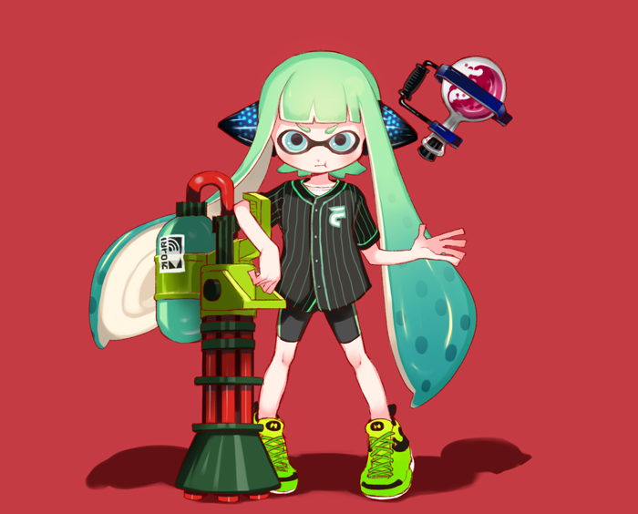 1girl, :t, aqua_hair, behind-the-head_headphones, bike_shorts, black_shirt, black_shorts, blue_eyes