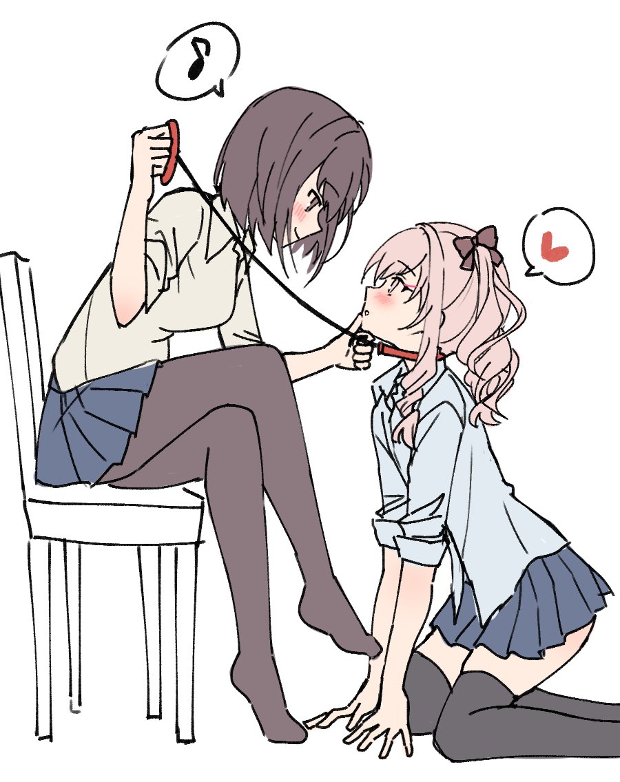 2girls, akiyama_mizuki, bdsm, black_hair, black_pantyhose, black_thighhighs, chair, collar