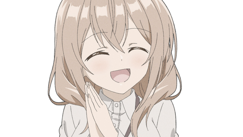 1girl, breasts, brown_hair, closed_eyes, collared_shirt, hair_between_eyes, katase_shiori, long_sleeves