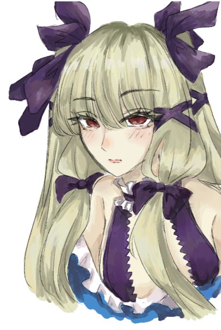 1girl, android, blue_dress, blush, bow, bowtie, breasts, brown_dust_(series)