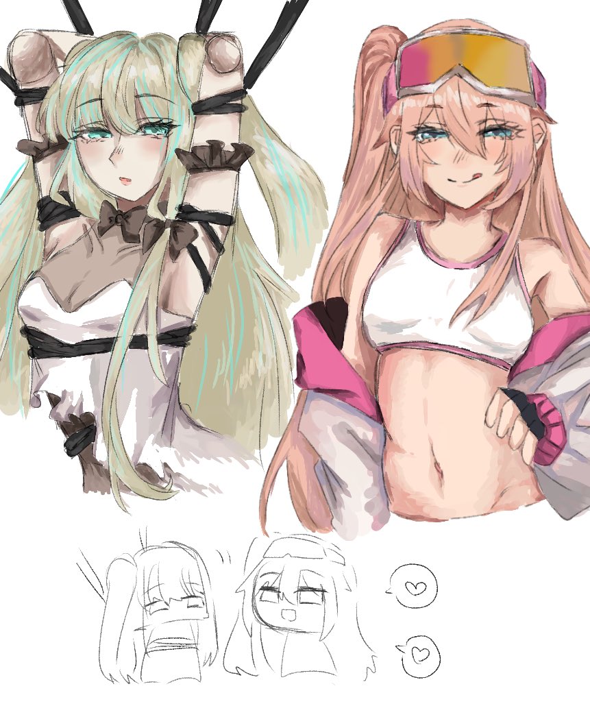 2girls, anastasia_(brown_dust), anastasia_(fire_graffiti)_(brown_dust), android, armpits, blue_eyes, blush, bound