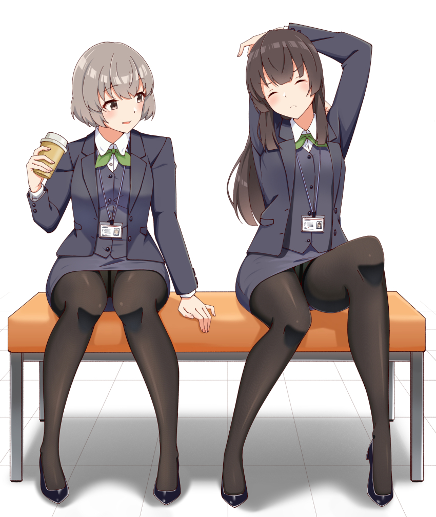 2girls, arm_behind_head, black_footwear, black_pantyhose, blush, bow, bowtie, breasts