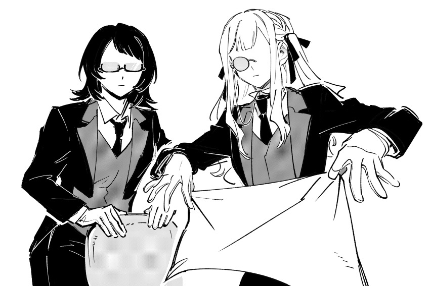 2girls, bang_dream!, bang_dream!_it's_mygo!!!!!, butler, chinese_commentary, closed_mouth, collared_shirt, commentary_request