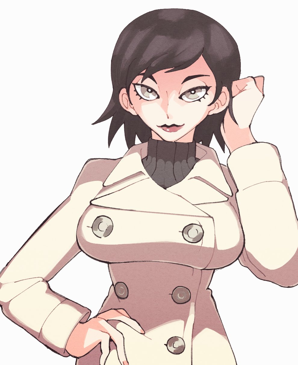 1girl, atlus, black_hair, buttons, coat, grey_eyes, hand_on_own_head, hand_on_own_hip, highres, inkerton-kun, jacket, looking_at_viewer, medium_hair, shin_megami_tensei, shin_megami_tensei_iii:_nocturne, short_hair, simple_background, smile, solo, sweater, takao_yuko, turtleneck, turtleneck_sweater, white_background, white_coat, white_jacket