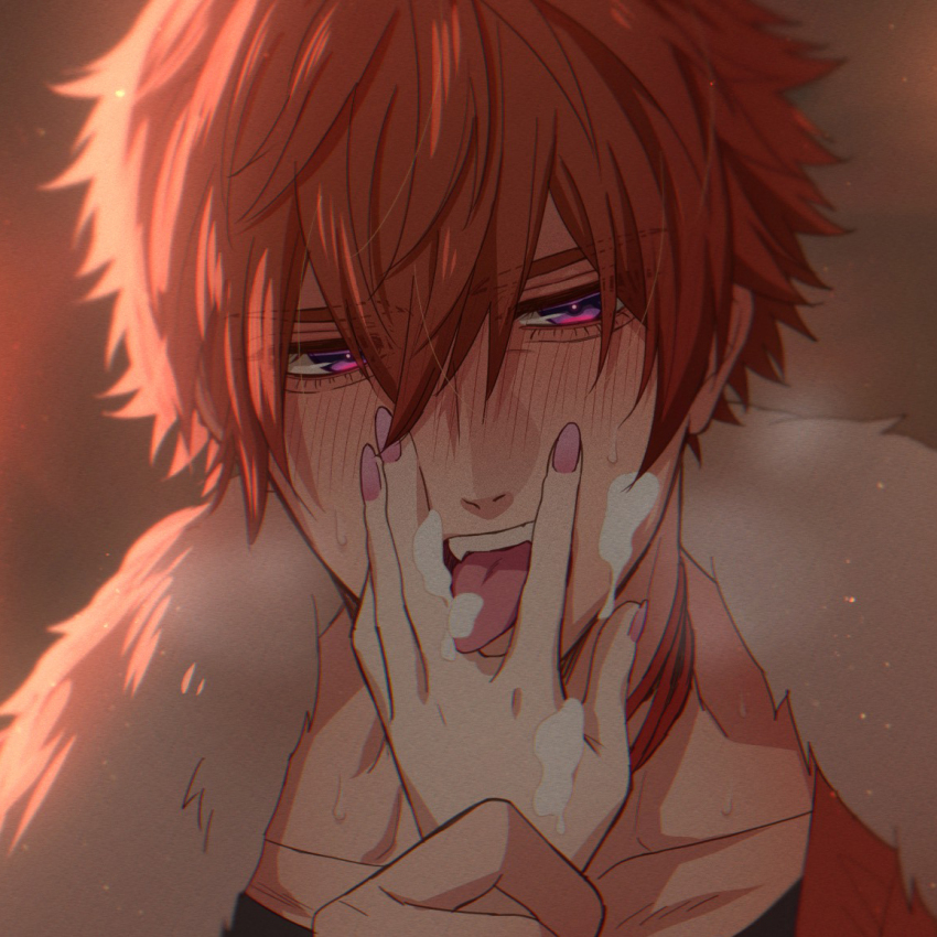1boy, 1girl, aegyo_sal, beelzebub_(obey_me!), black_shirt, blush, breath, collarbone