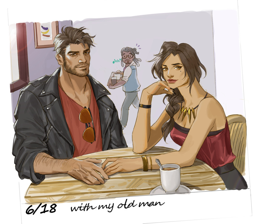 1girl, 2boys, alleveolive, arm_hair, beard, black_hair, black_jacket, bracelet