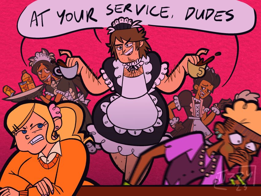 1girl, 4boys, alternate_costume, angry, annoyed, apron, arm_hair, arms_on_table, artist_name, back_bow, bead_necklace, beads, black_dress, black_gloves, black_hair, blonde_hair, blue_eyes, bottle, bow, bowie_(total_drama), bracelet, brown_eyes, brown_hair, can, chase_(total_drama), chest_hair, choker, clenched_teeth, coffee, commentary, constricted_pupils, crossdressing, crossdressing_(mtf), cup, dark-skinned_male, dark_skin, disgust, dress, drink_can, duster, ear_piercing, earrings, emma_(total_drama), english_commentary, english_text, enmaided, facial_hair, feather_duster, frilled_apron, frilled_choker, frilled_gloves, frills, frown, gloves, goatee_stubble, green_eyes, hair_ornament, hair_scrunchie, half-closed_eyes, hand_on_own_hip, high_ponytail, highres, holding, holding_cup, holding_tray, imminent_vomiting, jewelry, leg_hair, looking_at_another, low_ponytail, maid, maid_apron, maid_headdress, male_focus, male_maid, multiple_boys, multiple_earrings, naughty_face, necklace, open_mouth, orange_sweater, pearl_necklace, piercing, pink_background, pink_nails, pink_scrunchie, ponytail, puffy_short_sleeves, puffy_sleeves, purple_shirt, purple_vest, ripper_(total_drama), scrunchie, seductive_smile, shirt, short_sleeves, sick, signature, smile, soda, soda_bottle, soda_can, stubble, stud_earrings, sweater, teeth, tooblindtizzy, tooth_gap, total_drama, tray, very_dark_skin, vest, watermark, white_apron, white_shirt, wide-eyed, wince, zee_(total_drama)