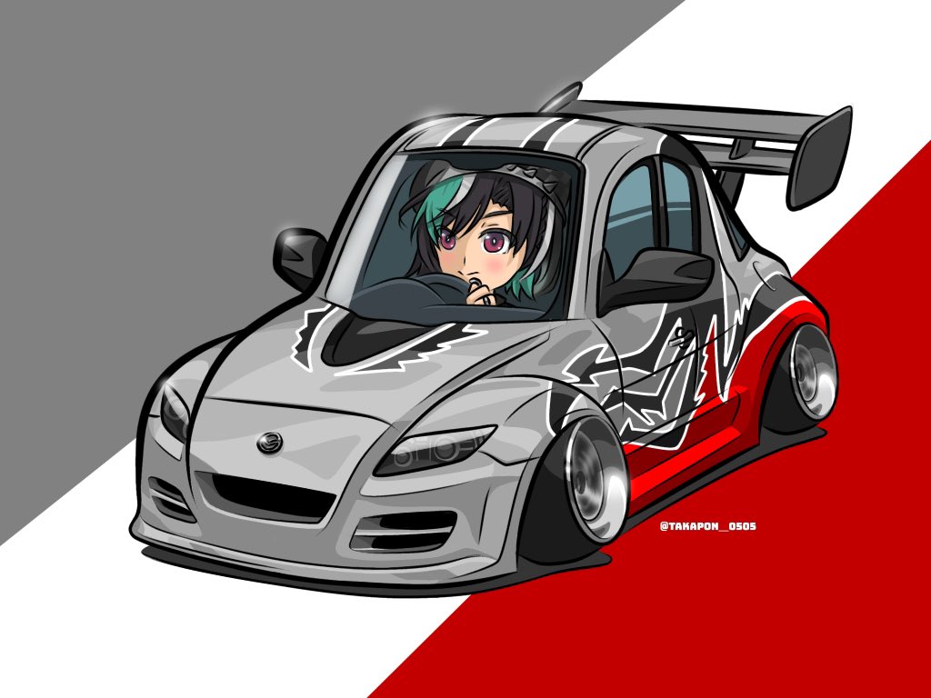 1girl, black_hair, blush, car, driving, green_hair, grey_car, grey_hair, hololive, hololive_dev_is, mazda, mazda_rx-8, motor_vehicle, multicolored_hair, need_for_speed, need_for_speed:_most_wanted_(2005), rindo_chihaya, rindo_chihaya_(1st_costume), shadow, smile, solo, spoiler_(automobile), stance_(vehicle), streaked_hair, takapon_0505, twitter_username, v-shaped_eyebrows, vehicle_focus, virtual_youtuber