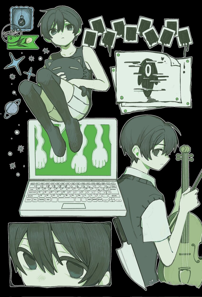 2boys, animal, black_eyes, black_hair, black_sweater_vest, black_tank_top, black_thighhighs, bow_(music)