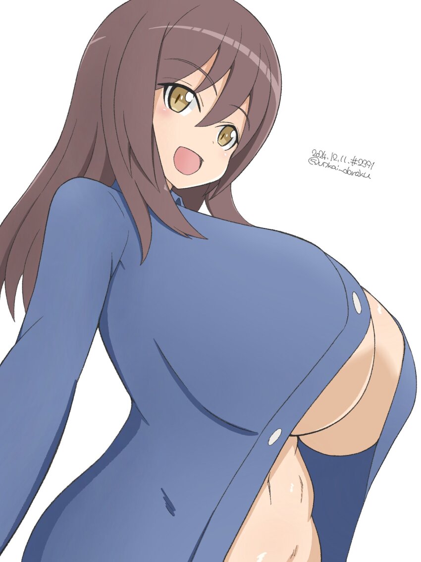 1girl, absurdres, blush, breasts, brown_hair, cleavage, dated, eleonore_giovanna_gassion