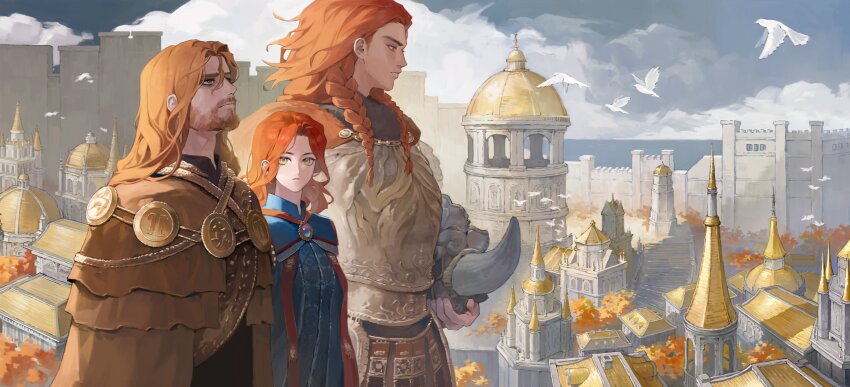 1girl, 2boys, absurdres, armor, beard, bird, blue_robe, blue_surcoat, braid, breastplate, brother_and_sister, brothers, brown_cape, building, cape, chest_jewel, elden_ring, facial_hair, fake_horns, from_side, gold_armor, hashtag-only_commentary, helmet, highres, holding, holding_unworn_helmet, horned_helmet, horns, long_hair, looking_at_viewer, low_twin_braids, lunar_princess_ranni, multiple_boys, ornate_clothes, outdoors, praetor_rykard, red_hair, robe, sadoseja854000, siblings, sky, stairs, starscourge_radahn, tower, tree, twin_braids, unworn_helmet, yellow_eyes