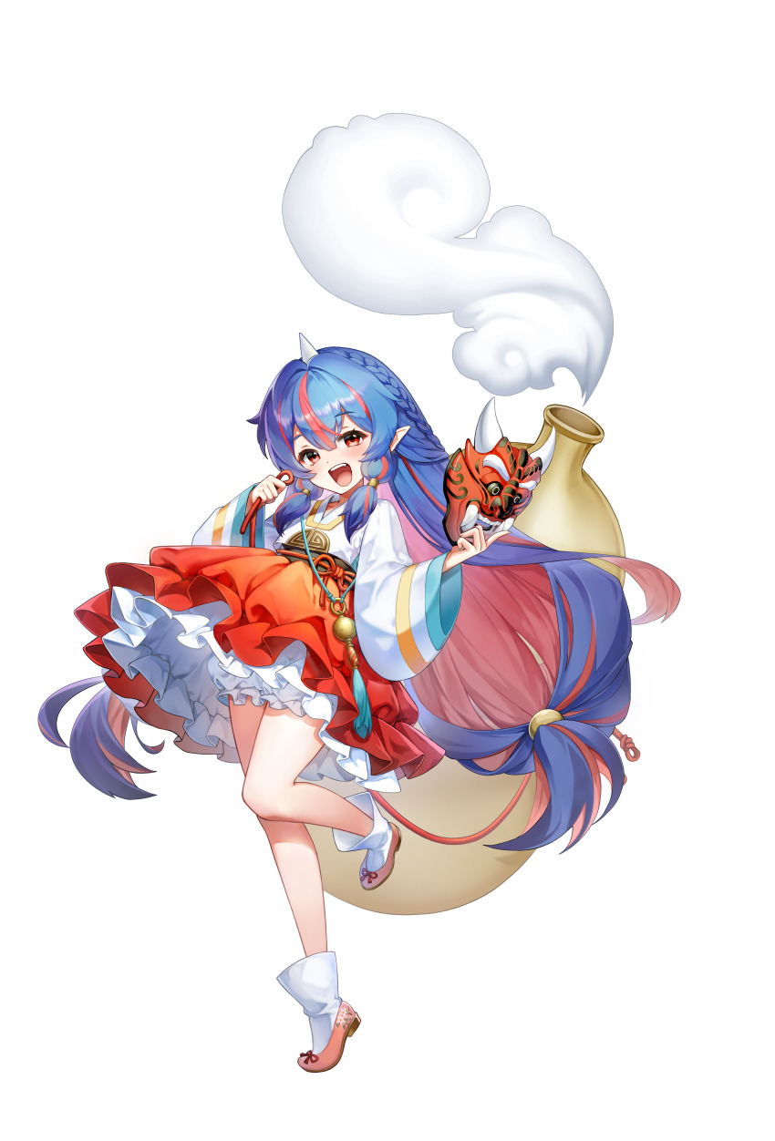 1girl, :d, absurdres, bare_legs, blue_hair, braid, child, colored_inner_hair, eunha_(guardian_tales), frilled_skirt, frills, gourd, guardian_tales, highres, holding, holding_mask, horns, korean_clothes, looking_at_viewer, low-tied_sidelocks, mask, multicolored_hair, official_art, oni_mask, open_mouth, pink_hair, red_eyes, red_skirt, side_braid, sidelocks, single_horn, skirt, smile, solo, streaked_hair, white_background, wide_sleeves