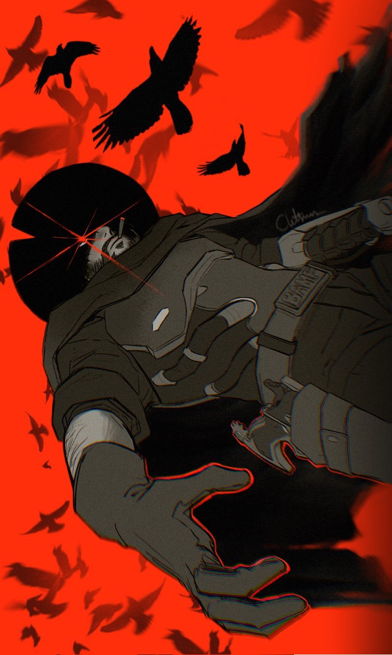 1boy, animal, belt, belt_buckle, bird, blackwatch_cassidy, buckle, cape, cassidy_(overwatch), chttwn, cigar, closed_mouth, commentary, cowboy, cowboy_hat, english_commentary, facial_hair, flying, gloves, glowing, glowing_eye, greyscale_with_colored_background, gun, handgun, hat, highres, holster, holstered, looking_ahead, male_focus, overwatch, overwatch_1, prosthesis, prosthetic_arm, red_background, red_eyes, revolver, sideways, smoking, solo, soul_patch, torn_cape, torn_clothes, weapon, western