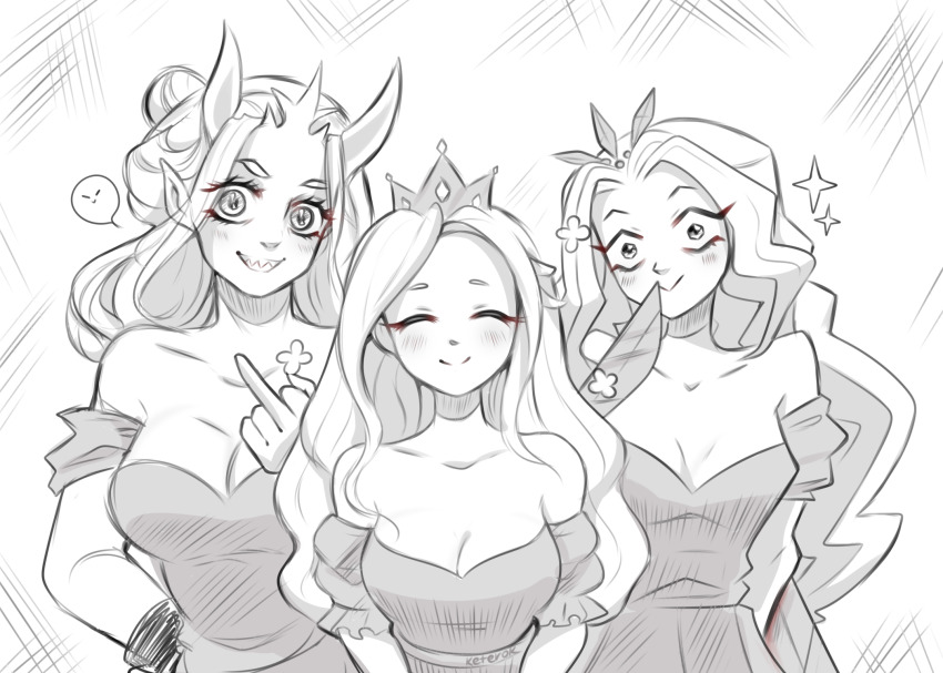 3girls, :>, bare_shoulders, breasts, cleavage, closed_eyes, crown, cuffs
