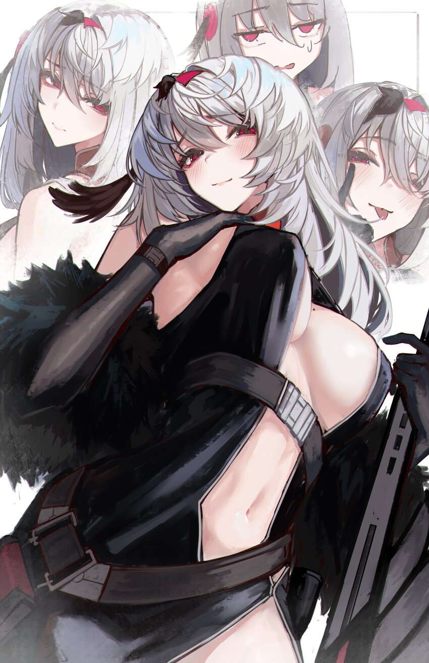 1girl, absurdres, belt, breasts, dress, fur_shawl, grey_hair, gun