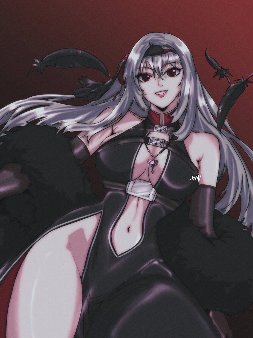 absurdres, belt, breasts, dress, fur_shawl, gradius_(talktocreatures), grey_hair, highres