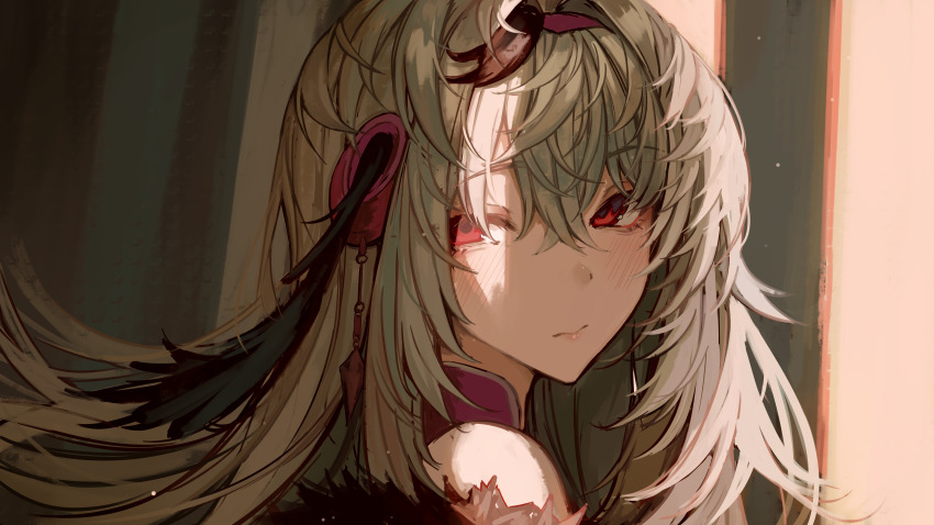 absurdres, breasts, fur_shawl, grey_hair, hair_between_eyes, hair_ornament, hairclip, highres