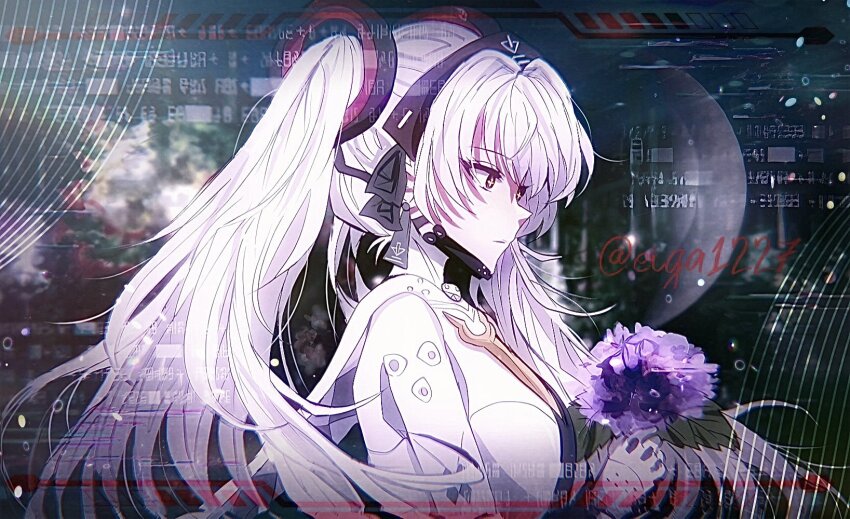 1girl, bodysuit, earrings, floating_headgear, flower, flower_request, grey_bodysuit, grey_hair