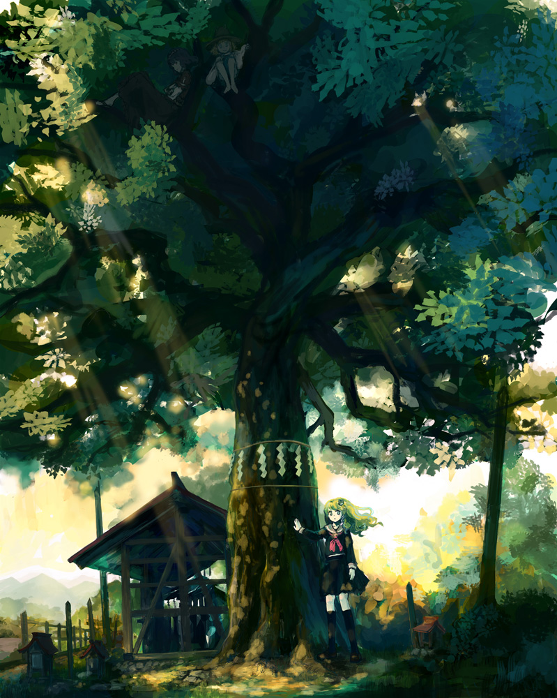 3girls, alternate_costume, blonde_hair, blue_hair, blush, female_focus, frog, green_eyes