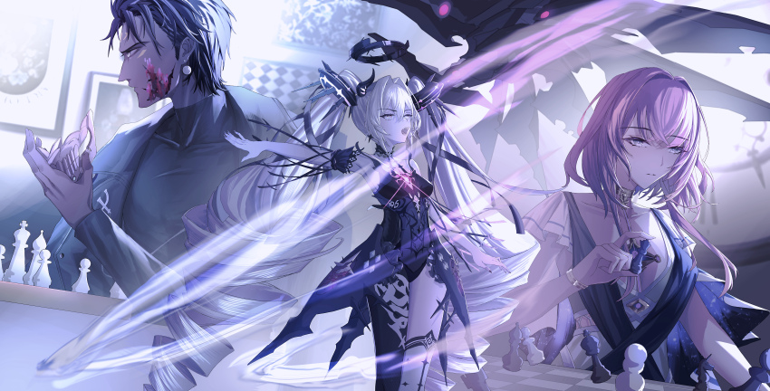 1boy, 2girls, absurdly_long_hair, absurdres, black_bodysuit, black_hair, black_jacket, black_leotard