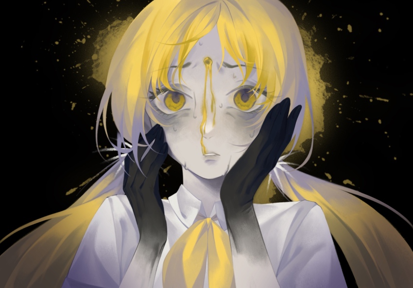 1girl, bags_under_eyes, black_background, black_hands, blonde_hair, collared_shirt, colored_extremities, commentary