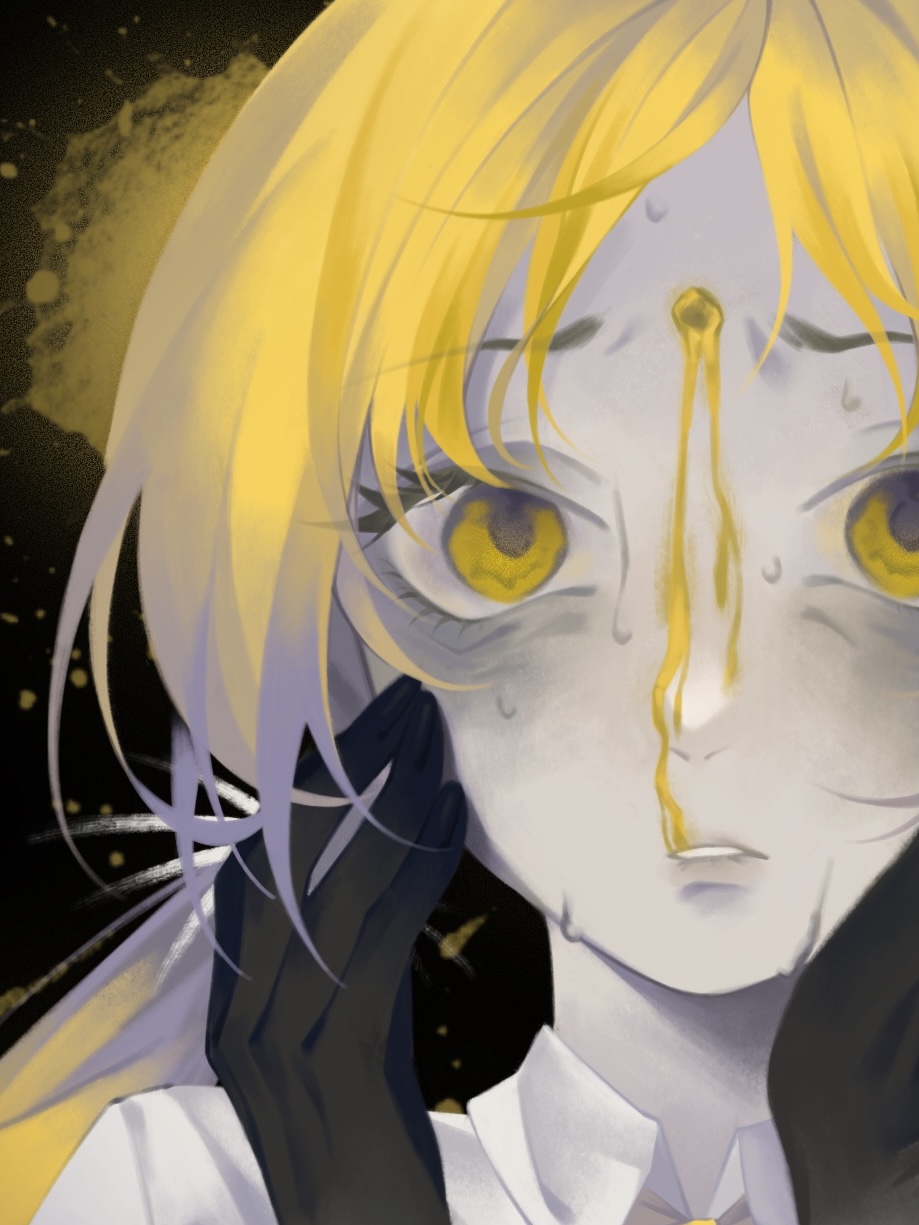 1girl, bags_under_eyes, black_background, black_hands, blonde_hair, close-up, collared_shirt, colored_extremities